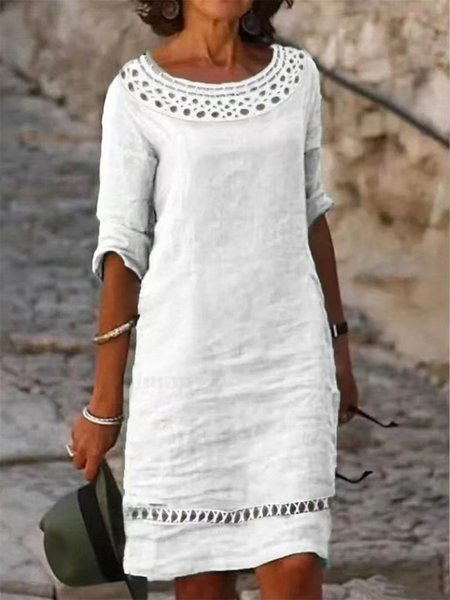 

Casual Plain Hollow Out Crew Neck Midi Dress, White, Midi Dresses