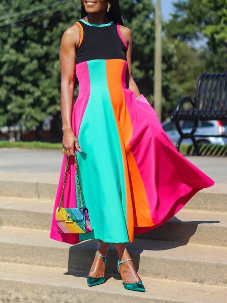 

Casual Colorblock Printing Crew Neck Midi Dress, As picture, Midi Dresses
