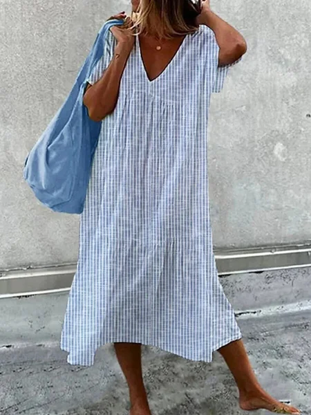 

Women Vacation Striped Print V Neck Comfy Casual Maxi Dress, Stripe-blue, Dresses