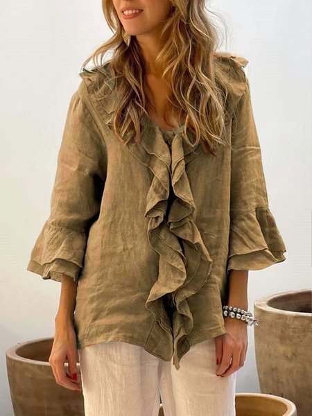 Casual Plain Peplum Blouse, Brown, Blouses & Shirts