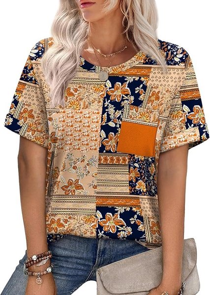 

Casual Geometric Crew Neck Short Sleeve T-shirt, Brown, T-shirts