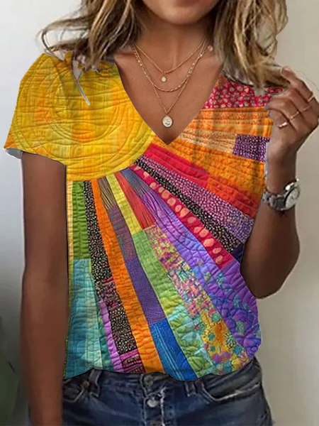 

Women Hippie Short Sleeve Tee T-shirt V Neck Printing Casual Summer Graphic Tee Top, As picture, T-Shirts
