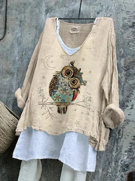 

Women Animal V Neck Vintage Long Sleeve T-shirt, Apricot, Blouses & Shirts
