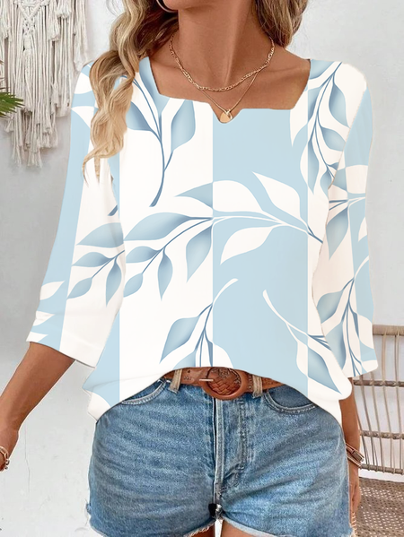

Women Floral Three Quarter Sleeve Blouse Spring/Fall Printing Notched Daily Casual Top, Blue, Blouses
