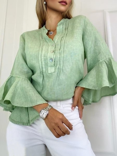 

Cotton And Linen Urban Plain V Neck Ruffle Sleeve Shirt, Green, Blouses and Shirts