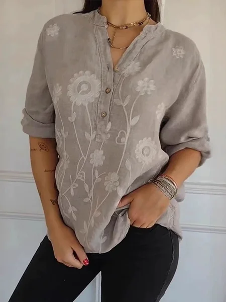 

Casual Plain Embroidery V Neck Blouse, Khaki, Blouses & Shirts