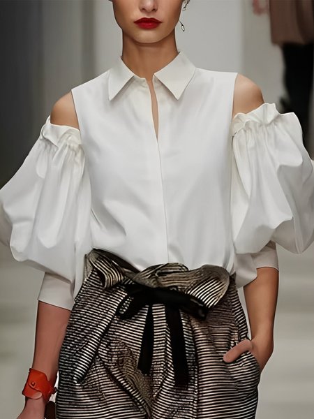 Cotton Urban Plain Shirt Collar Off Shoulder Sleeve Shirt, White, Blouses and Shirts