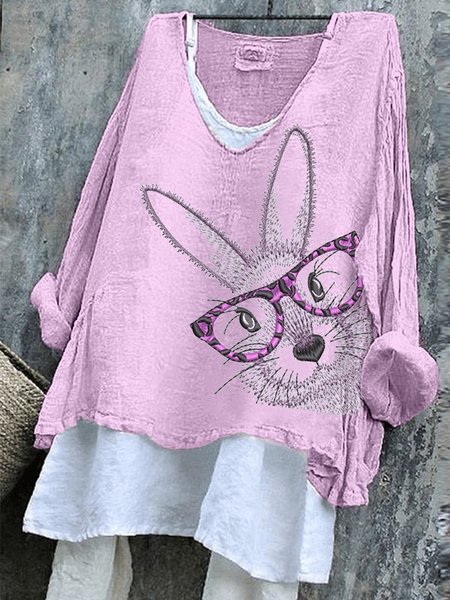 

Vintage Easter (rabbit) V Neck Long Sleeve T-shirt, Purple, T-shirts