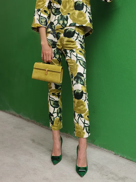 

Elegant Floral Printing Slim Fit Pants, Green, Pants