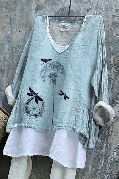 

Casual Floral V Neck Long Sleeve T-shirt, Light blue, T-shirts
