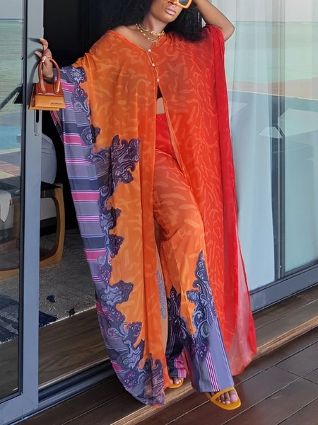 

Vacation Raglan Sleeve Printing Random Print V Neck Kimono, As picture, Kimonos
