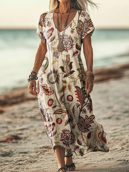 

V Neck Vacation Dress With No Belt, As picture, Maxi Dresses