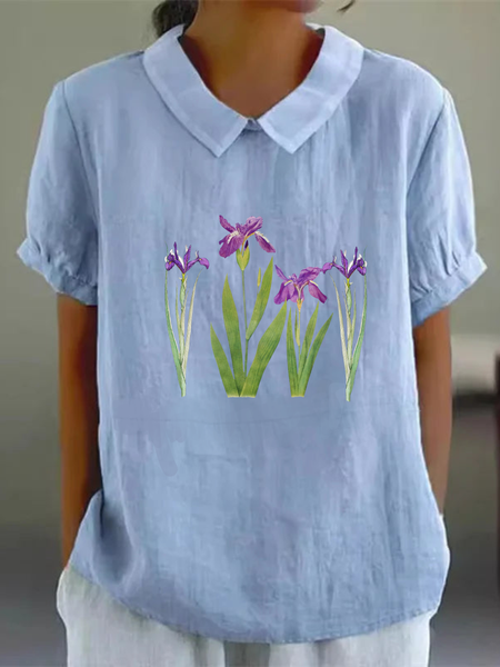 Casual Cotton Simple Floral Iris Print Loose Blouse For Women, Blue, Blouses