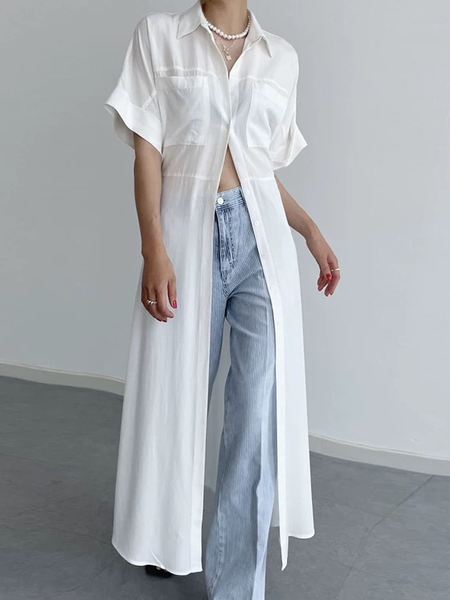 Cotton And Linen Casual Plain Pockets Shirt, White, Blouses and Shirts