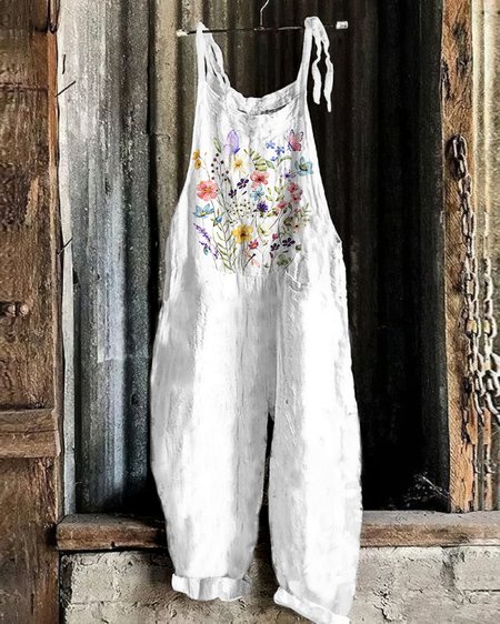 

Women Floral Spaghetti Sleeveless Casual Summer Cotton Jumpsuit, White, Jumpsuits＆Rompers