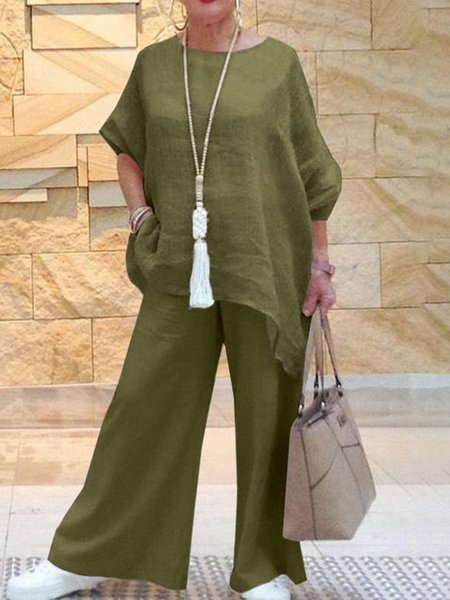 

Casual Plain Crew Neck Top With Pants Two-Piece Set, Army green, Suits
