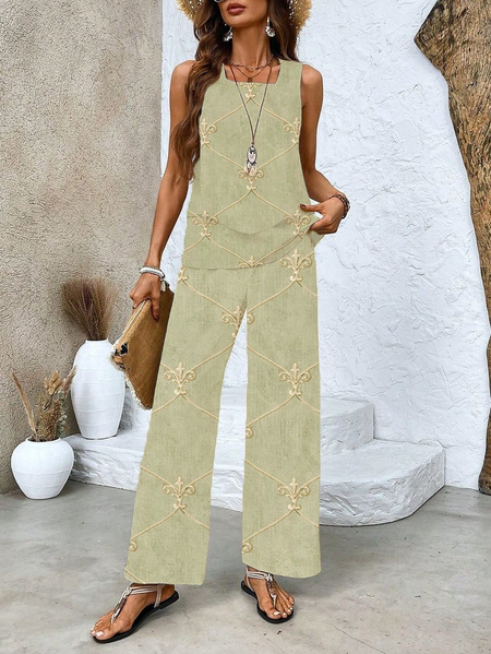

Women Floral Printing Two-Piece Set Daily Sleeveless Casual Summer Top With Pants Matching Set, Green, Suit Set