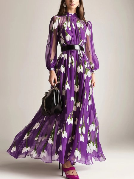 Elegant Floral Balloon Sleeve Printing Stand Collar Maxi Dress No Belt, Purple, Maxi Dresses