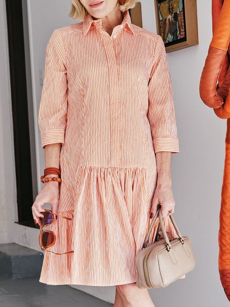 Urban Striped Shirt Collar Knee Length Dress, Orange, Midi Dresses