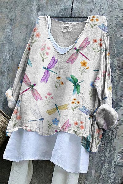 

Casual Floral V Neck Long Sleeve T-shirt, White, T-shirts