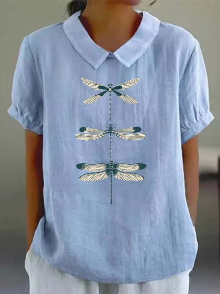 Casual Cotton Simple Dragonfly Print Loose Blouse For Women, Blue, Blouses