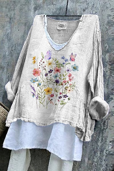 

Casual Floral V Neck Long Sleeve T-shirt, White, T-shirts
