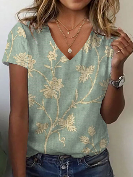 Women Floral Short Sleeve Tee T-shirt V Neck Printing Casual Summer Graphic Tee Top, Green, T-Shirts