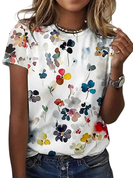 

Casual Floral Crew Neck Short Sleeve T-shirt, White, T-shirts