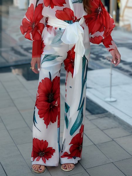 Elegant Floral Printing Straight Pants With Belt, White-red, Pants