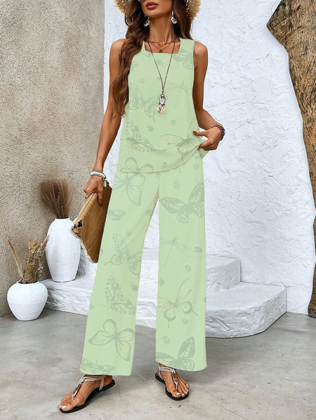 

Women Butterfly Printing Two-Piece Set Daily Sleeveless Casual Summer Top With Pants Matching Set, Green, Suit Set