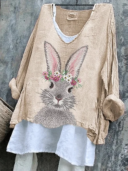 

Cotton Casual Loose T-Shirt, Khaki, Long sleeves