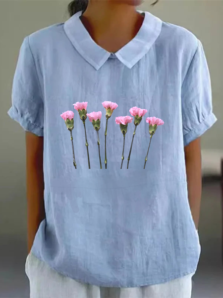 

Casual Cotton Simple Floral Carnation Print Loose Blouse For Women, Blue, Blouses