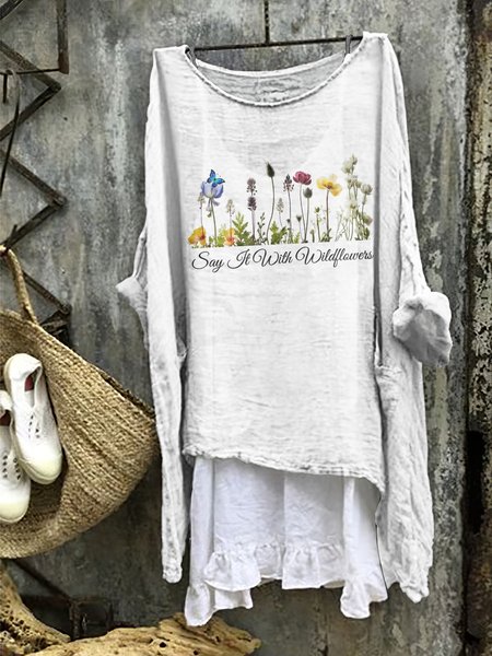 

Small fresh wildflower comfortable casual cotton linen long sleeved dress, White, Midi Dresses