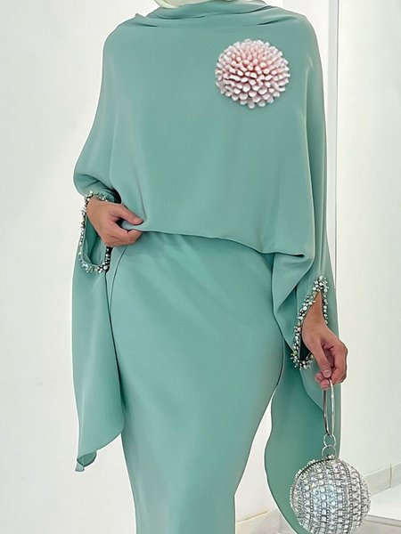 

Elegant Plain Irregular Craftsmanship Raglan Sleeve Blouse With 3D Floral Brooch, As picture, Blouses and Shirts
