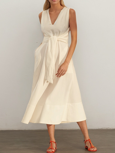 

Elegant Plain linen-cotton Midi Dress, Off white, Maxi Dresses
