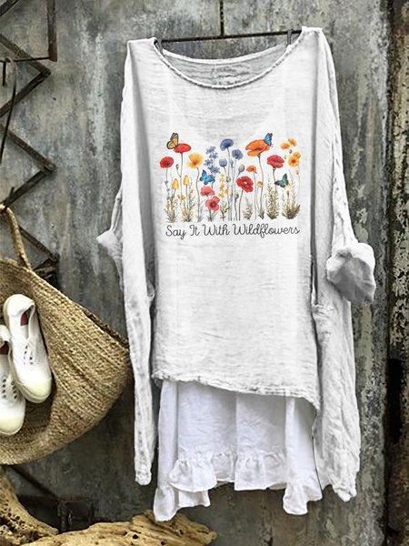 

Small fresh floral comfortable casual cotton linen long sleeved dress, White, Midi Dresses