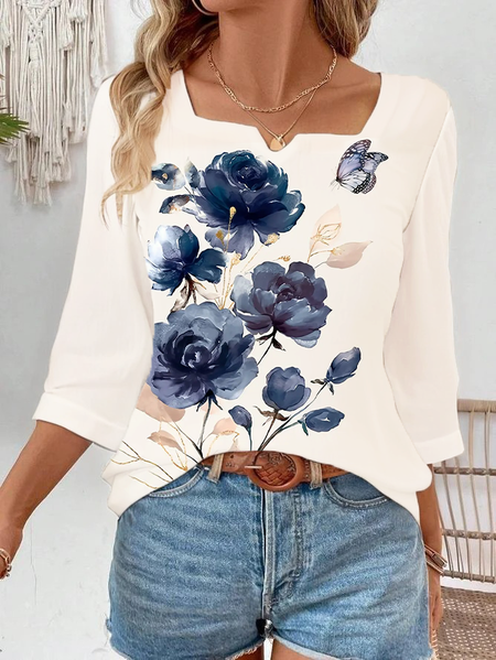 

Women Floral Three Quarter Sleeve Blouse Spring/Fall Printing Notched Daily Casual Top, Off white, Blouses
