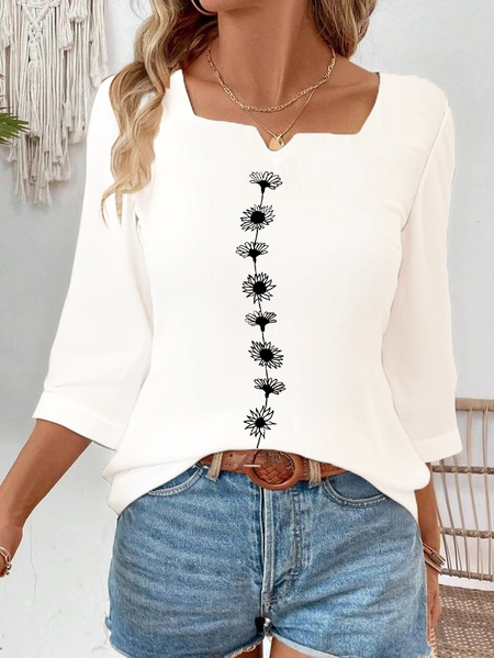 

Women Floral Three Quarter Sleeve Blouse Spring/Fall Printing Notched Daily Casual Top, Off white, Blouses