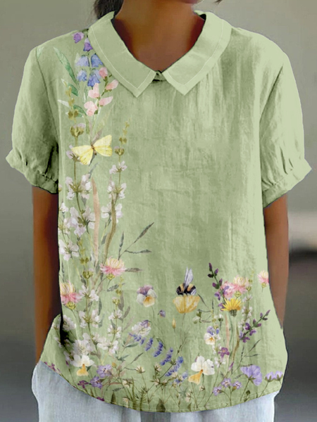 

Women Floral Shawl Collar Vintage Short Sleeve T-shirt, As picture, Blouses & Shirts