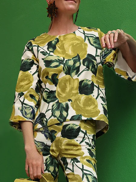 

Elegant Floral Printing Crew Neck Loosen Blouse, Green, Blouses and Shirts