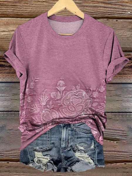 

Casual Floral Crew Neck Short Sleeve T-shirt, Purple, T-shirts
