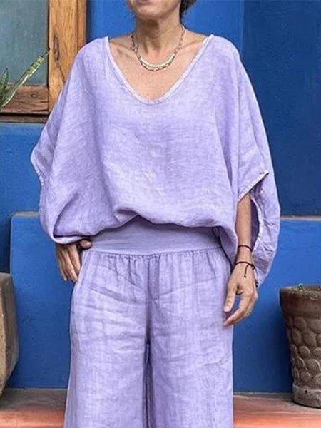 Linen Blend Casual Plain V Neck Raglan Sleeves Blouse, Lavender, Blouses and Shirts