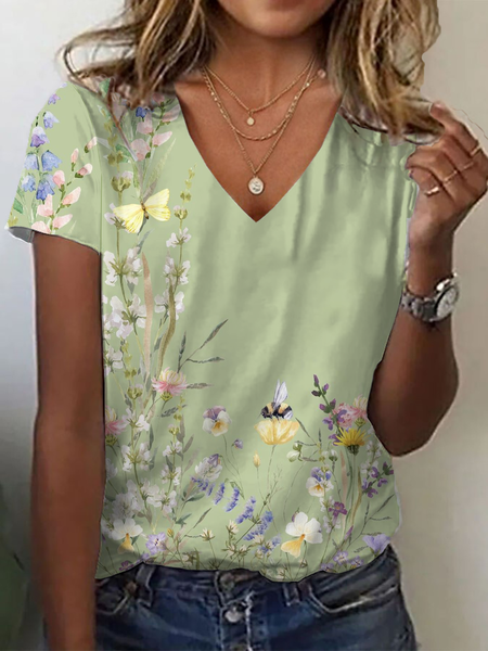 

Casual Floral V Neck Short Sleeve T-shirt, Green, T-shirts