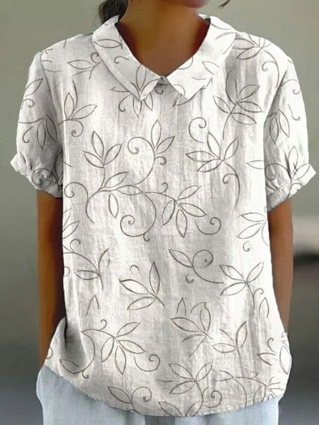

Shawl Collar Half Sleeve Plants Regular Loose Blouse For Women, White, Blouses