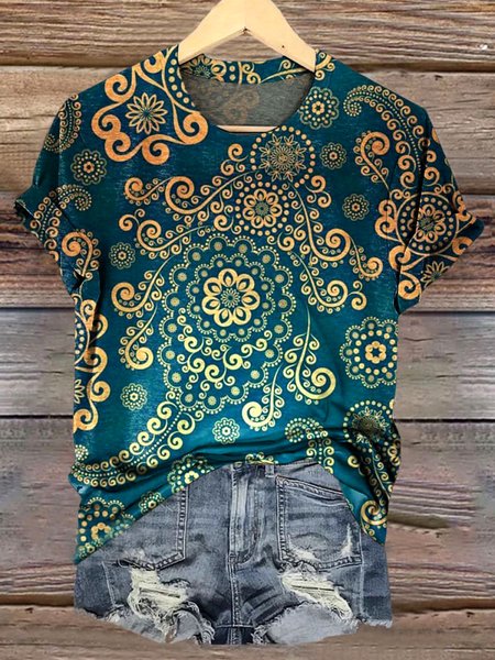 

Casual Floral Crew Neck Short Sleeve T-shirt, Blue, T-shirts