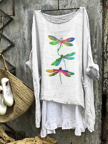 

Dragonfly pattern comfortable casual cotton linen long sleeved dress, White, Midi Dresses