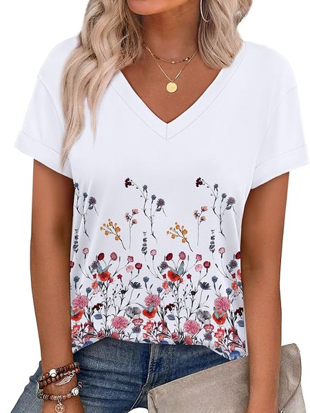 

Casual Floral V Neck Short Sleeve T-shirt, White, T-shirts