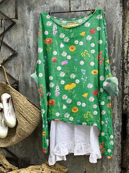 

Flower pattern comfortable casual cotton linen long sleeved dress, Green, Blouses & Shirts