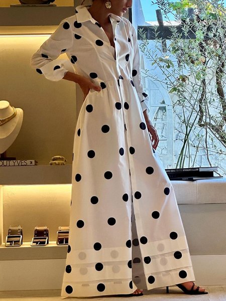 

Urban Polka Dots Printing Shirt Collar Maxi Dress, White, Maxi Dresses
