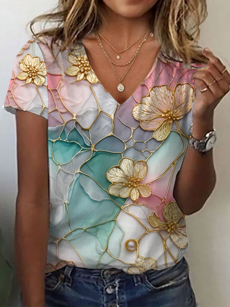 

Casual Floral V Neck Short Sleeve T-shirt, As picture, T-shirts